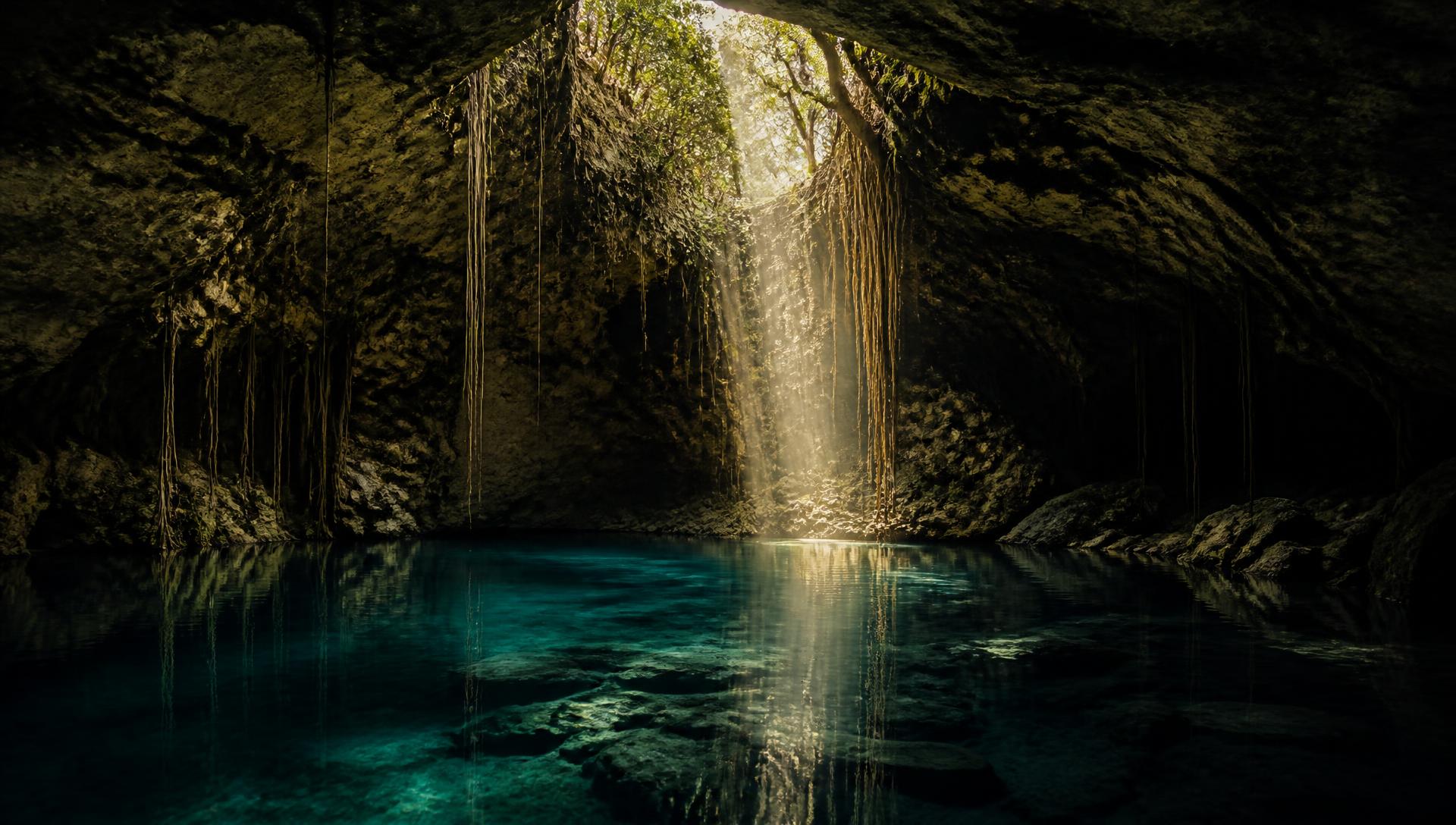 Sunlight falling through ancient trees onto the still water of a cenote inside a cave opening