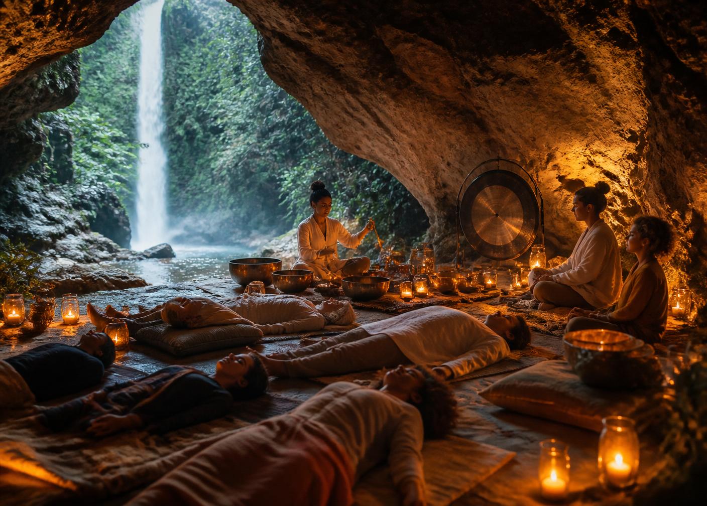 A diverse group resting in a candlelit cave beside jungle water during a sound healing ceremony