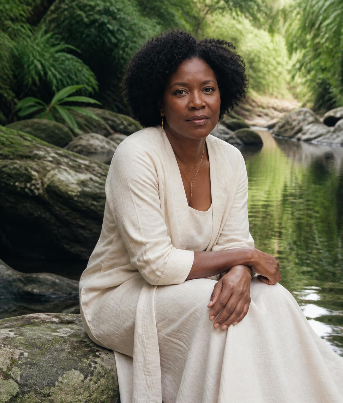 A person sitting quietly on stone beside still jungle water, reflective and composed