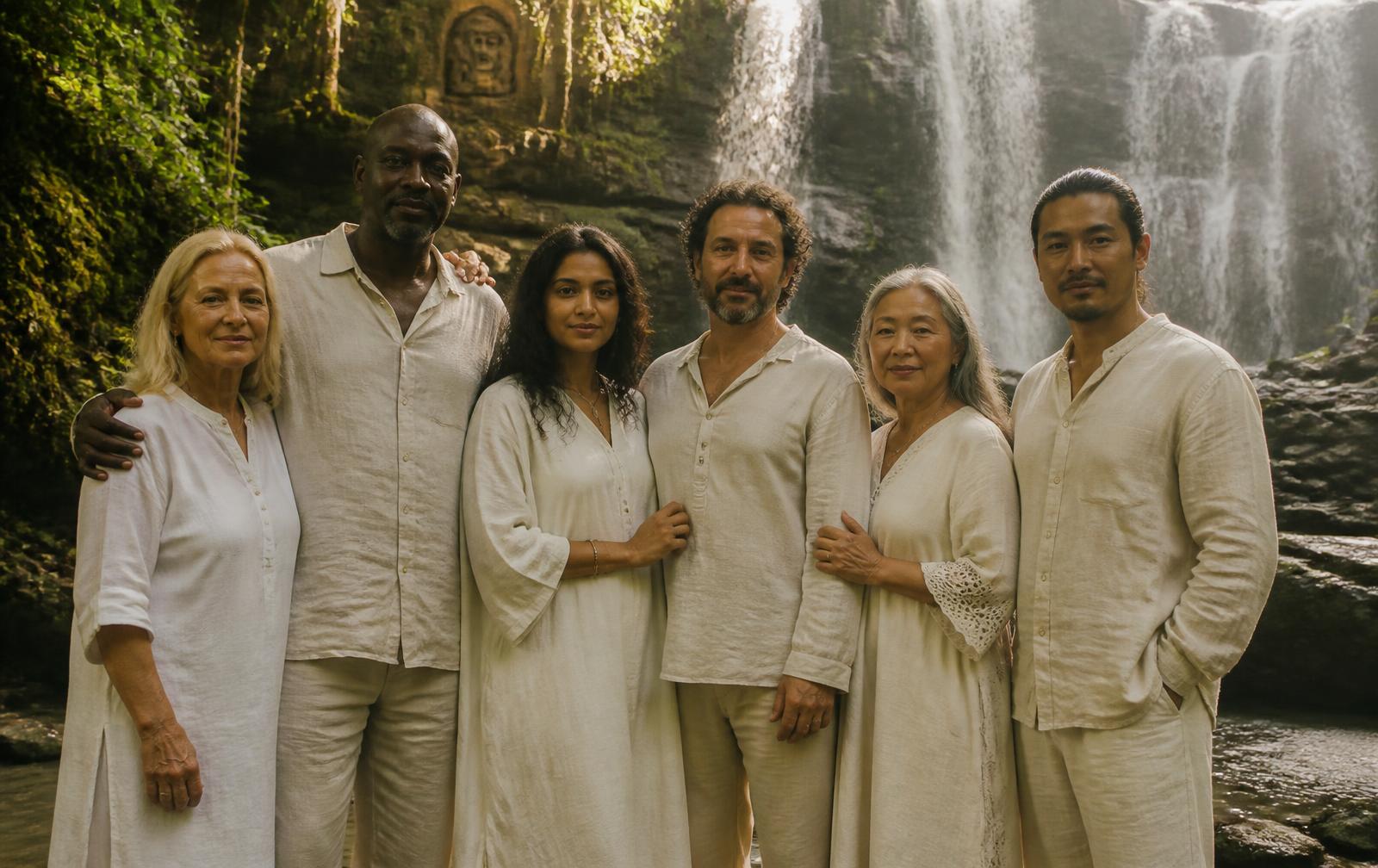 A diverse group of adults in natural linen standing together in warm light beside a jungle waterfall